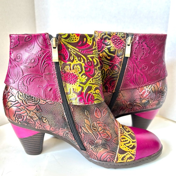 Gorgeous Handmade Multicolor Tooled Leather Floral Med Heel Ankle Boots 38 - Picture 7 of 14